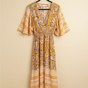 Casual Boho Paisley Print Midi Dress - Yellow. Perfect for Easter brunch.